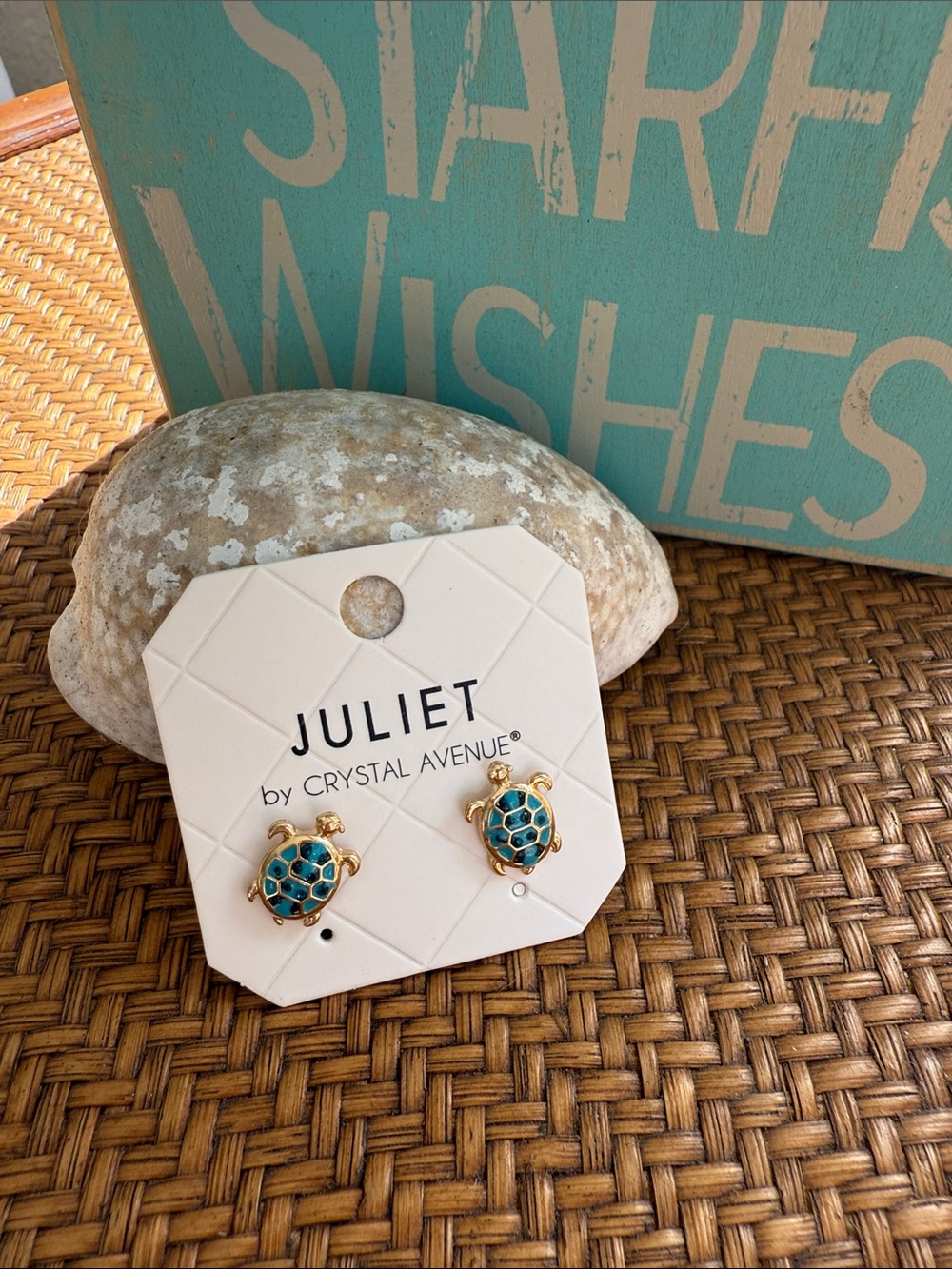 Gold Turtle Stud Earrings with Teal Crystal Shell - Picture 6 of 6